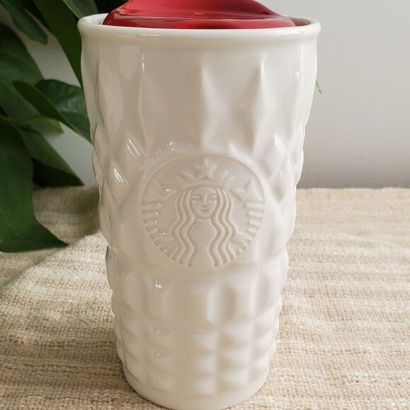 Starbucks 2014 Coffee Travel Mug White Siren Logo Quilted Look Ceramic Tumbler - Picture 1 of 9